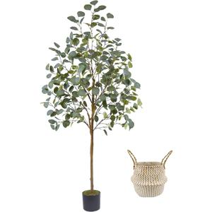 Warmplants Artificial Eucalyptus Tree, 5ft Tall Mordern Fake Eucalyptus Plant with Basket, Green Silk Leaves Perfect Faux Trees for Home Office Livingroom Floor Decor Indoor Outdoor