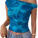 PRETTYGARDEN Women's Off Shoulder Tops 2026 Summer Going Out Crop Tank Tops Spring Fashion Ruched Asymmetrical Floral Mesh Tight Sexy Y2K Shirts Clothes (Blue Green,XL) (Blue, XL)