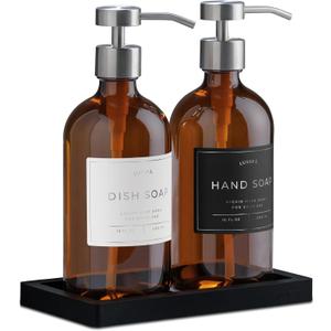 Glass Soap Dispenser Set of 2 (Amber) with Silicone Tray | Hand and Dish Soap Dispenser for Kitchen and Bathroom | 16.8 Oz Glass Bottles with Stainless Steel Pump & 15 Waterproof Labels (Amber/Silver)
