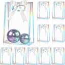 Aliceset 12 Pcs Clear Plastic Gift Bag with Die Cut Handles Reusable PP Favor Bag with Ribbon for Wedding Bridal Birthday Baby Shower Party Small Business, 7x10x3.15 Inch(Iridescent) (Dazzling)