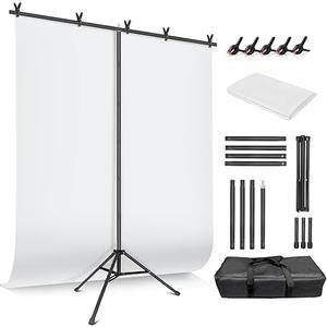 White Backdrop with Stand for Photoshoot, 5X6.5ft White Photo Backdrop with T Shape Background Backdrop Stand for Photography, Portable Photo Backdrop Curtain Stand Kit w Carrying Bag 5 Spring Clamps