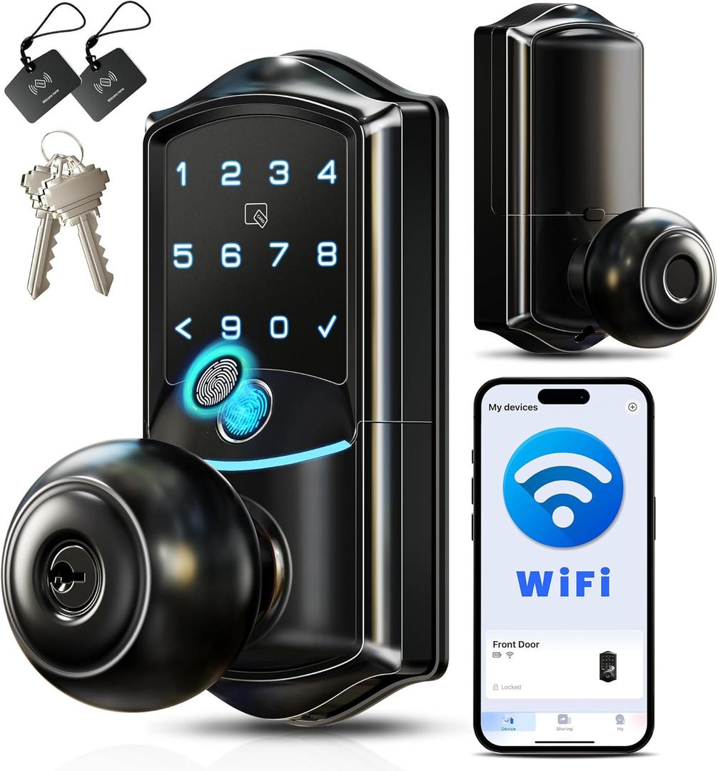 Veise VE028 Built-in Wi-Fi Smart Lock with Knob, Fingerprint Keyless Entry with Handle, App Remote & Voice Control, Electronic Digital Keypad for Front Door and Bedroom, IP65 Waterproof, Matte Black