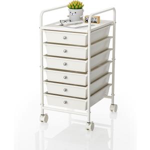 6-Tier Utility Cart with 6 Drawers, Rolling Utility Cart with 2 Lockable Caster Wheels, Multipurpose Mobile Rolling Drawer Cart for Office Bathroom Kitchen, Ivory White