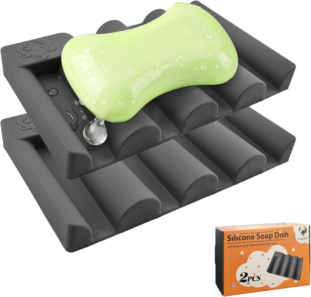 Silicone Soap Dish,Self Draining Soap Holder Perfect for Shower,Bathroom Sink,Kitchen Sink & Travel,Non-Slip Bar Soap Holder Extend Soap Life,Keep Soap Bars Dry & Easy Cleaning Grey-2Pcs