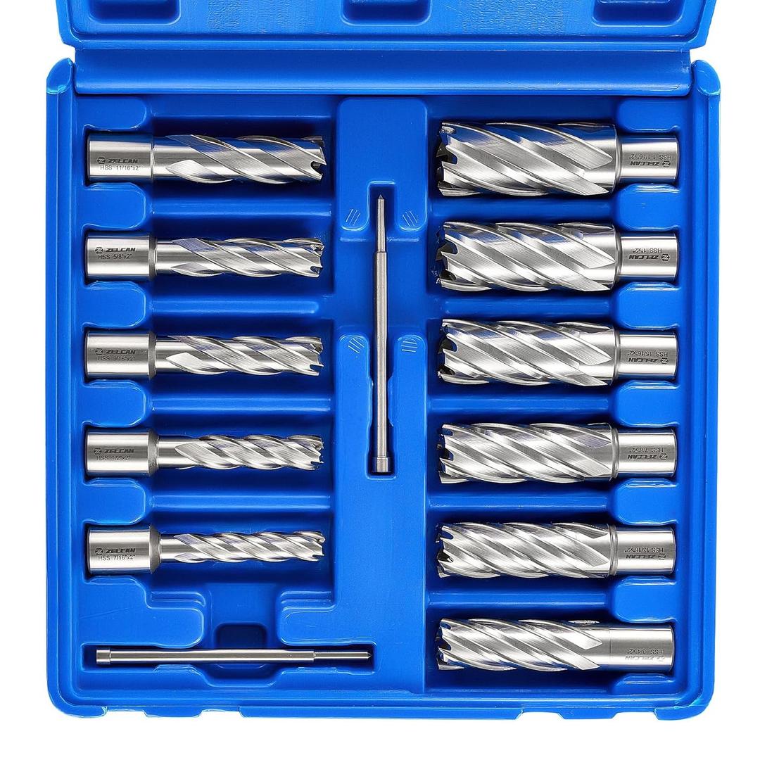 ZELCAN Annular Cutter Set, 11pc Mag Drill Bit Kit with 2" Cutting Depth, 7/16" to 1-1/16" Cutting Diameter, HSS Spiral Flute Annular Cutters with 2 Pilot Pins & Carrying Case for Steel Aluminum Copper
