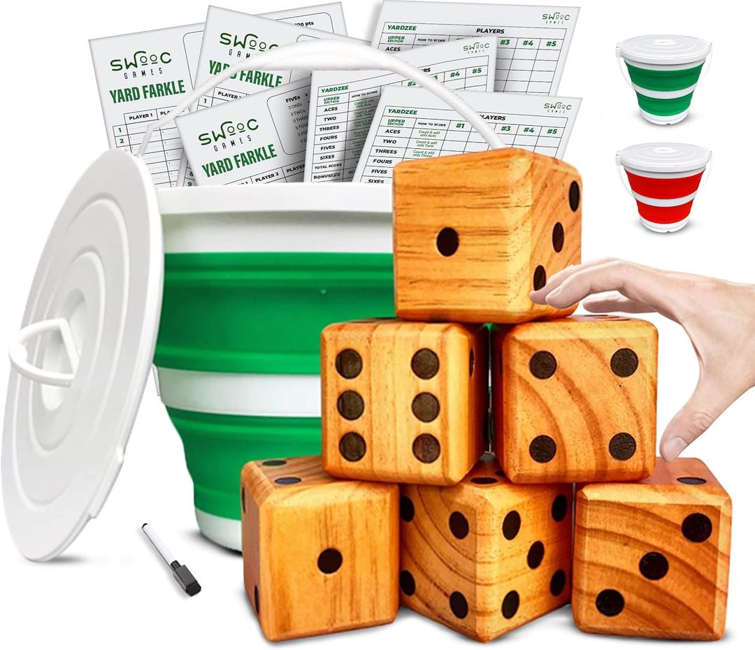 SWOOC Yardzee, Farkle & 20+ Games - Light-Weight Yard Dice Game Set (All Weather) with Collapsible Bucket, 5 Big Laminated Score Cards, and Marker (Choose 2.5in or 3.5in Dice) Yard Games (Green)