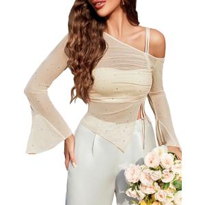 Avidlove Women Mesh Top Long Sleeve Rhinestone Tops Off Shoulder Bell Sleeve Drawstring Blouse Sheer Sparkly Shirt S-XXL (Champagne)