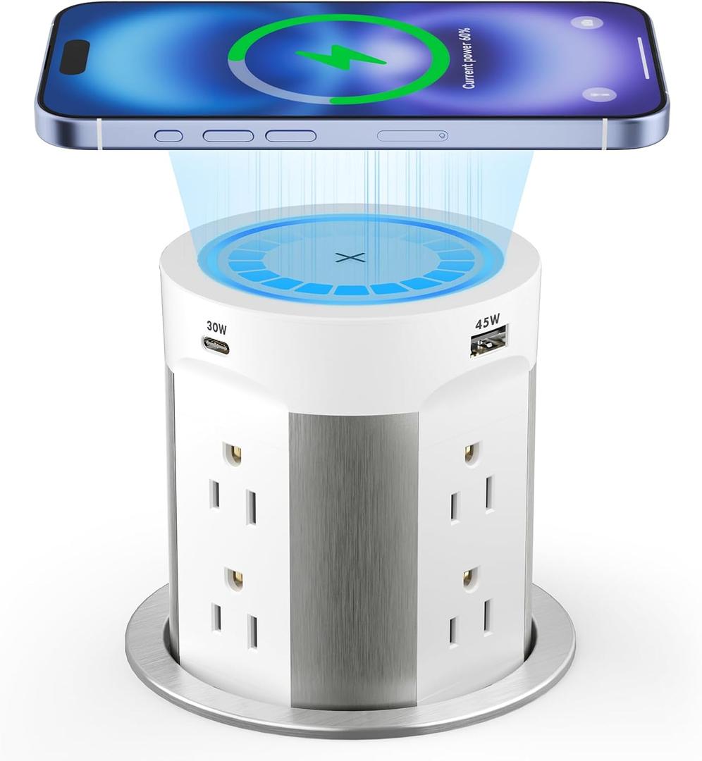 Kungfuking Pop Up Outlet for Countertop Kitchen, 15W Wireless Charger, 75W USB C Counter Top Electrical Power, 8 Outlets & 4 USB Ports, 4"Hole Recessed Popup Outlet for Island Conference Table Office (White)
