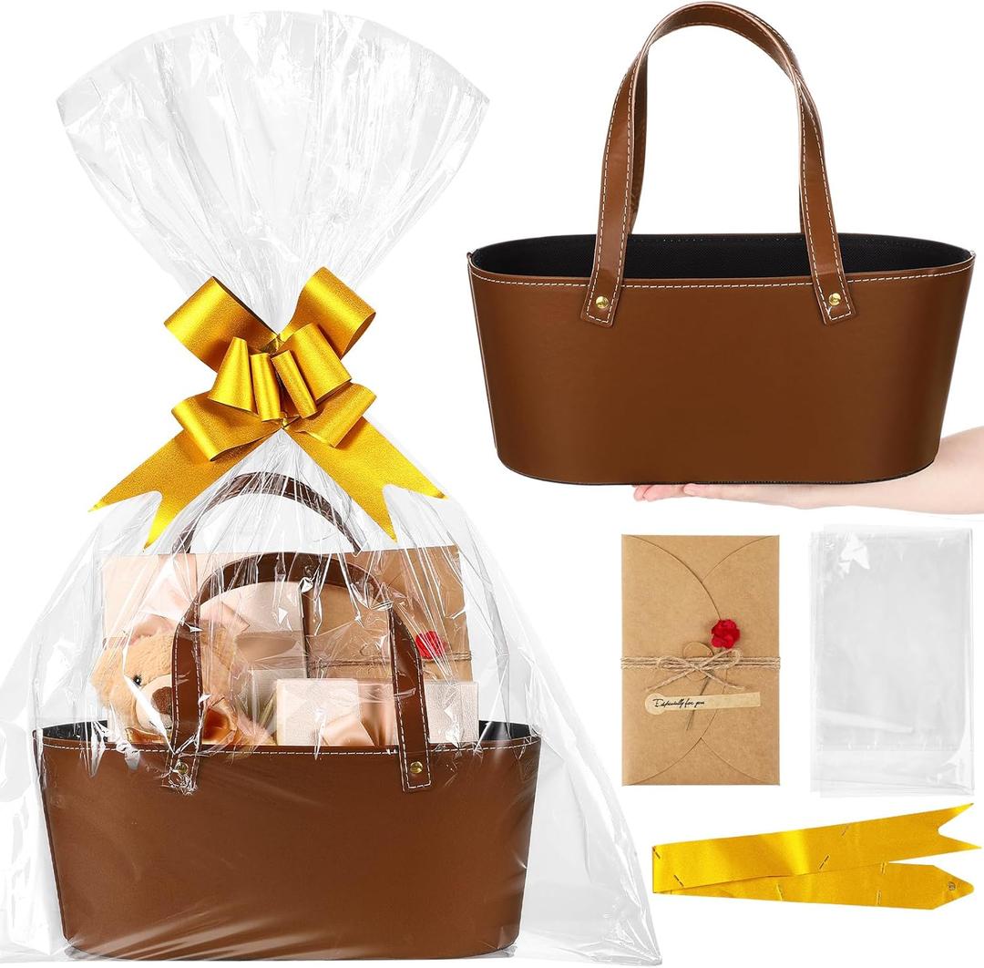 Wonderjune Empty Gifts Baskets with Mother's Day Leather Gift Bags Ribbons Greeting Cards Empty Baskets with Handles for Mother's Day Lover Birthday Shower Favor Wrapping Gift(Brown,Large)