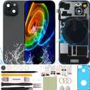 Back Glass Replacement Cover Compatible with iPhone 15 Plus All Carriers 6.7" + Pre-Installed Plate + Wireless Charging Coil Flex Cable + Microphone + Flashlight + Camera Frame (Black)