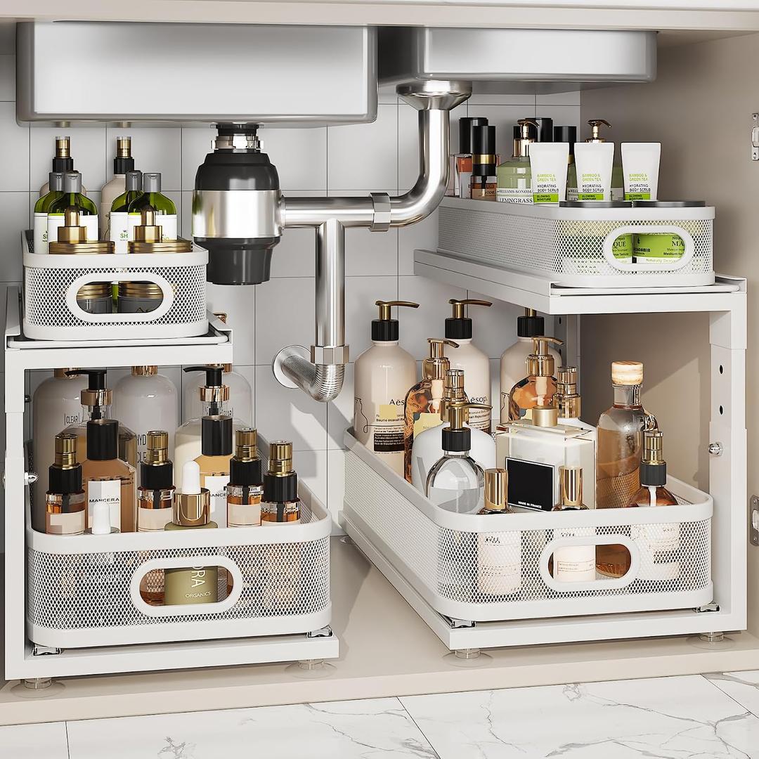 2 Pack 18.5IN-Depth Under Sink Organizer With Next-Gen Ball-Bearing Slides,2-Tier Precision Mesh Pull Out Cabinet Storage for Bathroom&Kitchen,Height Adjustable Drawers Shelf,Anti-rust-White