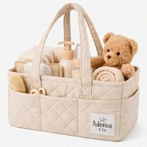 Adonia & Co Diaper Caddy Organizer Baby Essentials Organizer, Nursery Storage Basket for Diapers, Wipes & Newborn Essentials Portable, Machine Washable, Structured Design (Beige)