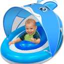 Dolphin Baby Float with Canopy for Age 6-36 Months UPF 50+ Sun Protection Never Flip Over Dual Air Chambers Adjustable Safety Seat 4 Stage Adjustable Canopy Inflatable Swim Pool Float Toddler Infant, Blue