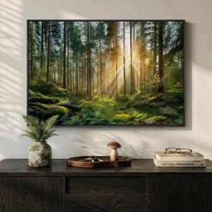 Framed Forest Landscape Wall Art, Horizontal Nature Sunset Canvas Artwork for Walls, Wilderness Scenery Photography Picture, Green Peaceful Print for Living Room Hallway Office Wall Decor, 24x36 Inch