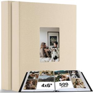 Photo Album 4x6 500 Pockets 2pcs, Large Capacity Picture Book for Photos with Front Window, Leather Cover Photo Album Book for Family Baby Kids Wedding Travel Birthday Pictures, Beige