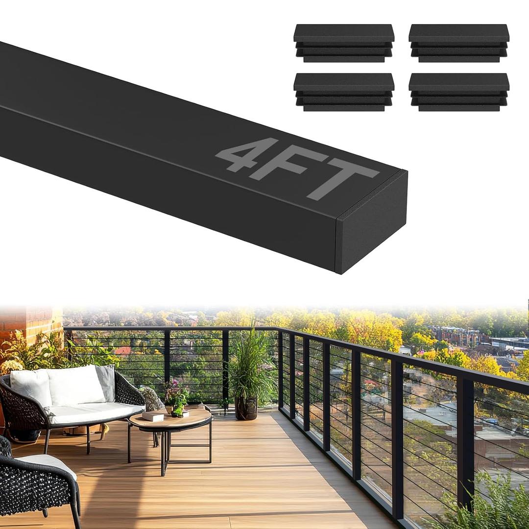 4' Rectangular Cable Railing Handrail, Black Stainless Steel Handrail with Nylon End Caps for Stair Cable Railing System, RG01-H