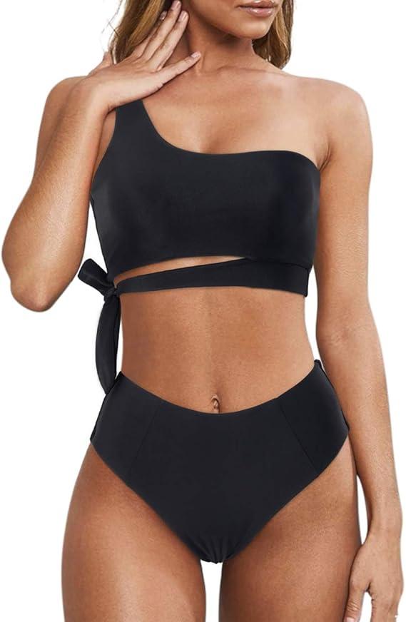 MOOSLOVER Women One Shoulder High Waisted Bikini Tie High Cut Two Piece Swimsuits (Small, Black)