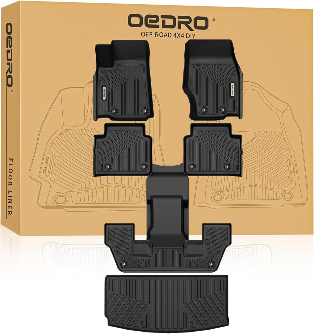 OEDRO Floor Mats & Cargo Liner Fit for Jeep Grand Cherokee L 2025-2021 (ONLY for 6 Seat), TPE All Weather Custom Fit 3 Row Floor Liners and Trunk Liner, Black (Without Center Console)