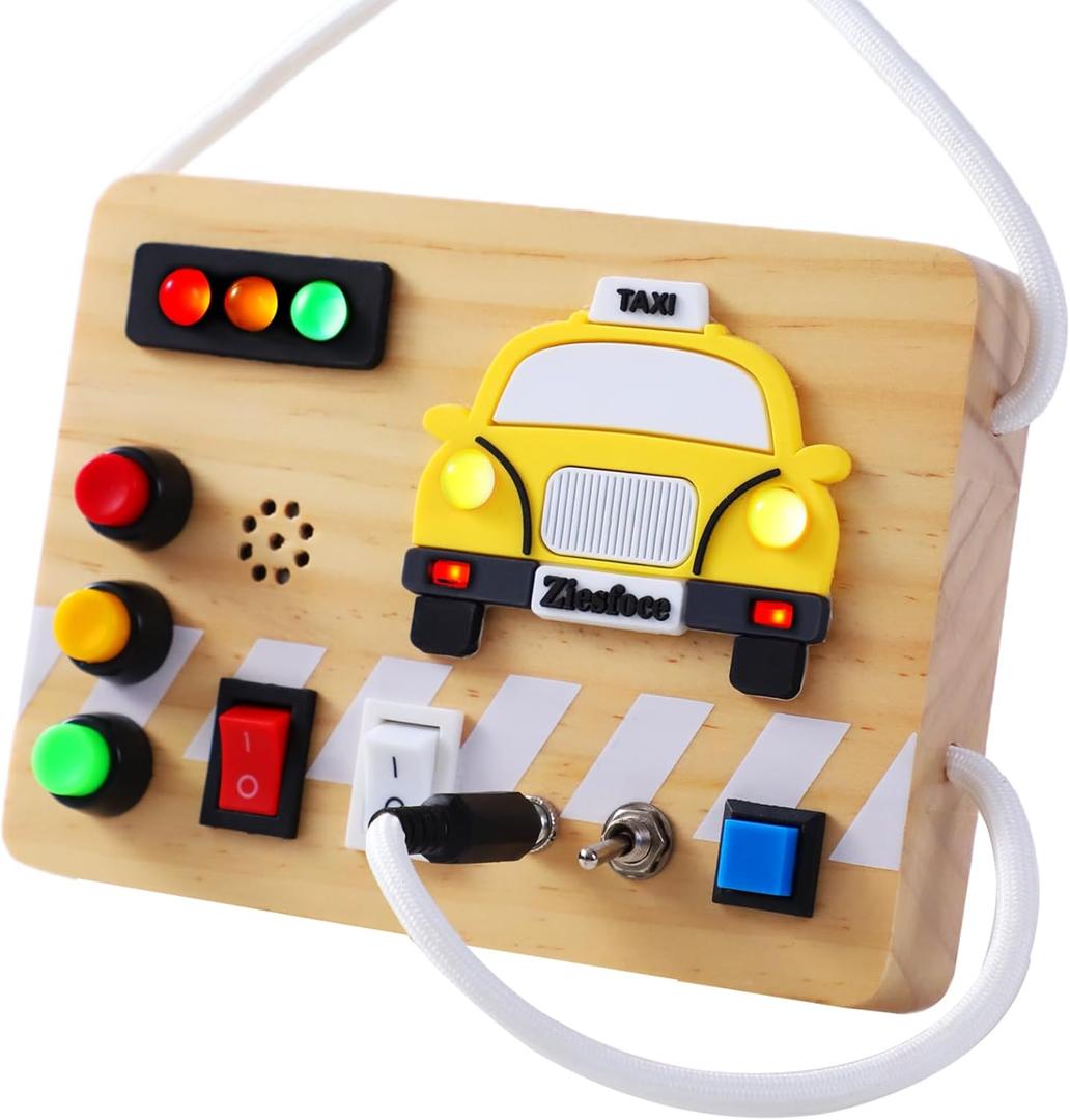 Montessori Busy Board Wooden Sensory Toys with LED Light Up Switch Travel Toys for 1+ Year Old Toddler Baby Boys Girls Gifts (Taxi Theme)