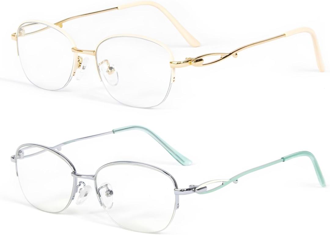 2 Pack Semi-Rimless Reading Glasses for Women, Lightweight Metal Frame Blue Light Blocking Reading Glasses Women