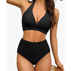 Halter V Neck Push Up Swimsuit Padded High Waisted Ruched Bottom Two Piece Bikini Set Bathing Suit for Women
