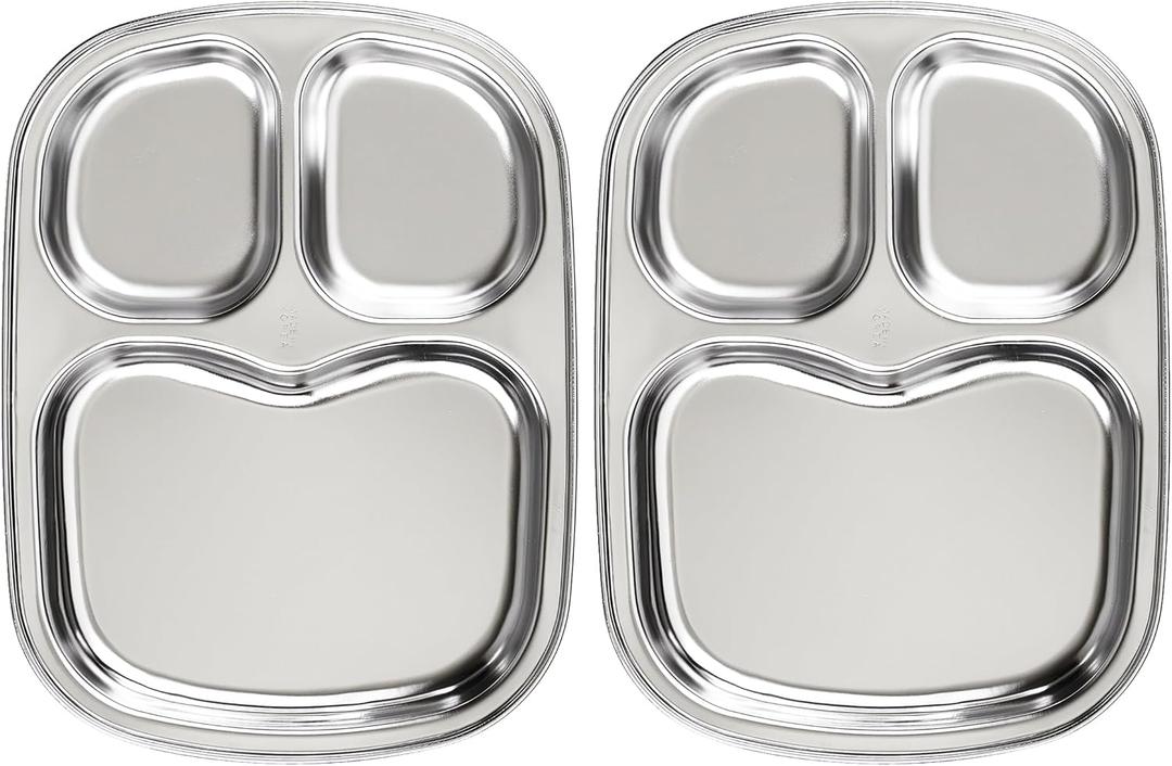 Korean Stainless Steel Divided Plates for Toddlers, Kids, Babies, Premium 304, Electro-Polished, No Black Residue, BPA-Free, 3-Compartment Plate, Food Tray for Camping, Balanced Meals, Set of 2