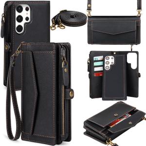 Compatible with Samsung Galaxy S26 Ultra Wallet Case for Women Men, Wireless Charging with RFID Blocking Card Holder, PU Leather Crossbody Strap Detachable Magnetic Phone Cover, Black