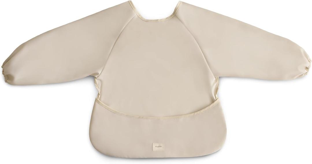 mushie Long Sleeve Baby Bib | Water Resistant Adjustable Fit for Ages 6-24 Months (Fog)