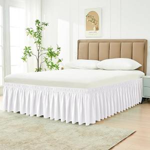 Biscaynebay Wrap Around Bed Skirts for Queen Beds 14" Drop, White Adjustable Elastic Dust Ruffles Easy Fit Wrinkle Resistant Silky Luxurious Fabric Machine Washable