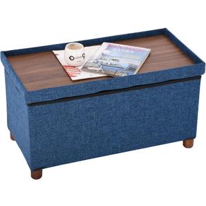 Ao Lei 30 Inches Storage Ottoman Bench, Storage Bench with Wooden Legs for Living Room Folding Ottoman Foot Rest Removeable Lid for Bedroom End of Bed, Linen Fabric Blue