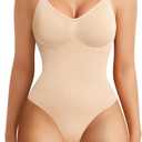 BRABIC Womens' Seamless Sleeveless V-Neck Bodysuit Shapewear Tummy Control (Medium-Large, Beige Thong)
