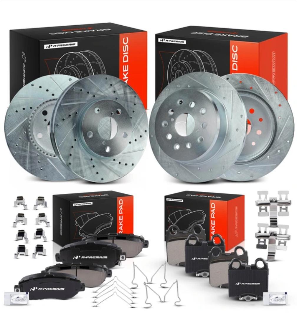 2001-2005 Lexus IS300 Drilled & Slotted Disc Brake Rotors and Ceramic Pads Kit, 12 Pcs, Front & Rear, A-Premium, APBRPS623