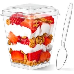 5 oz Plastic Dessert Cups with Lids and Spoons, 50 Pack Mini Parfait Cups Clear Dessert Shooter Cups for Banana Pudding, Fruit, Jello, Appetizer, Trifle