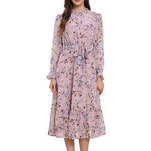 Allegra K Fall Casual Floral Dress for Women 2025 Long Sleeve Crew Neck Chiffon Midi Tea Party Ruffle Dresses, L
