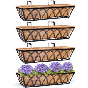 HFHOME 24 inch Window Deck Rail Planter with Coco Liner, 24" Dia Window Box Trough with Coconut Coir Liners, Black Metal Hanging Flower Planter Basket for Indoor Outdoor Lawn - Set of 4