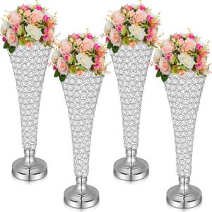Rtteri 4 Pcs 20 Inch Tall Crystal Vase for Centerpieces Wedding Metal Crystal Trumpet Flower Vase Stand for Holiday Table Floor Wedding Banquet Celebration, Classic Elegance(Silver)