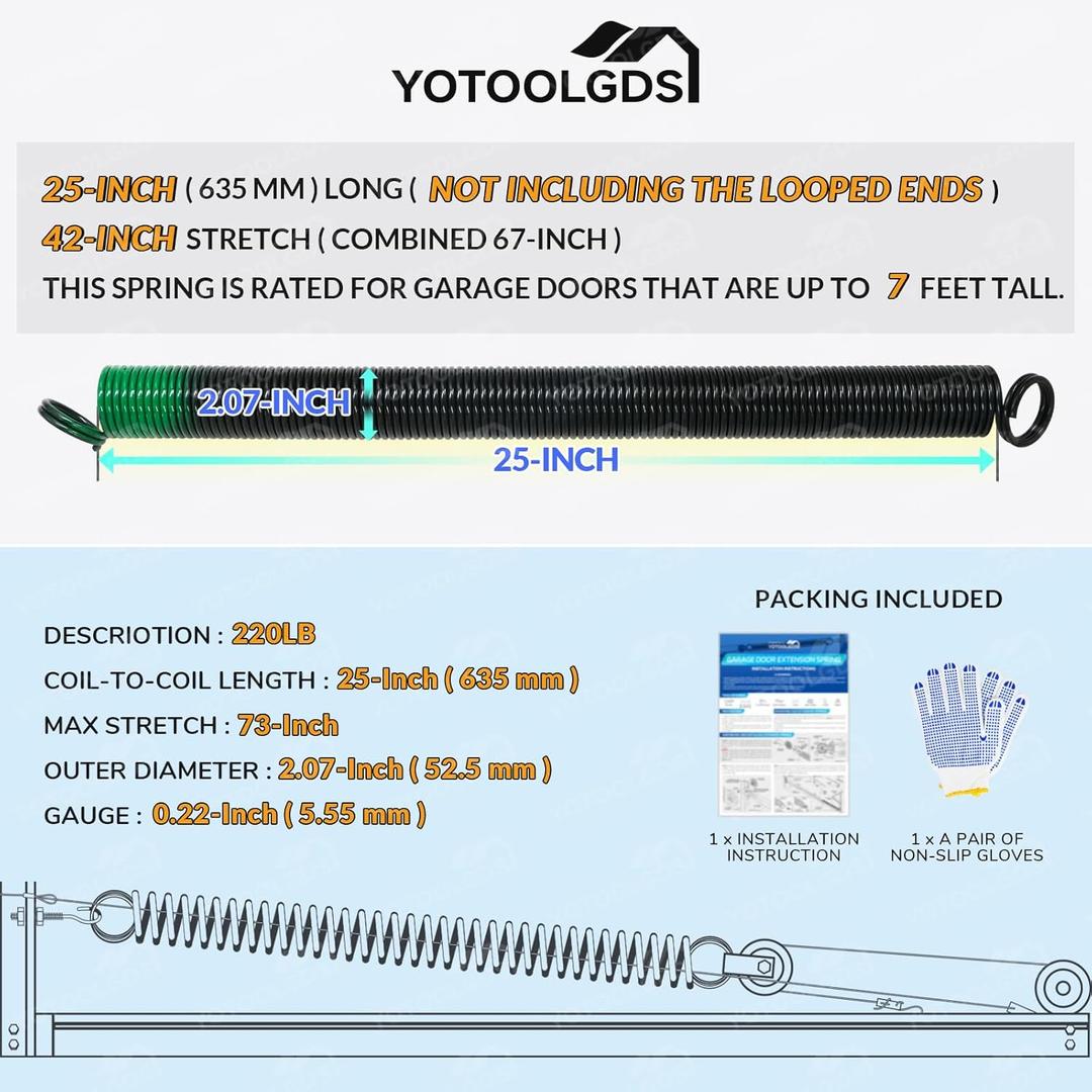 Pair of 220 lbs Heavy Duty Garage Door Extension Springs Stretch Springs, 25” Long, Double Loop Ends, High Precision Electrophoresis Black Coated,MIN 16,000 Cycles,for 7ft High Garage Doors