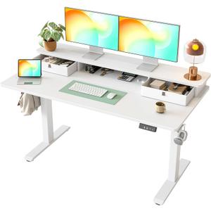 TIQLAB Standing Desk with Two Drawers, Stand Up Standing Desk Adjustable Height, Electric Sit Stand Table with Storage Shelf and Splice Board, 55 * 24 inch, White