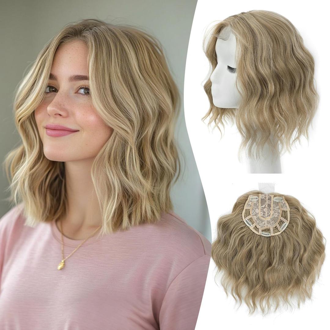 MORICHY 10 Inch Short Wavy Hair Topper for Women, Lightweight & Breathable Wiglet for Thinning Hair with 6.5"x6.5" Base, Instantly Adds Volume and Coverage (Ash Brown with highlights)