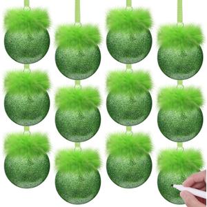24 Pcs Lime Green Christmas Ornaments 2.36 Inch DIY Flat Ball Christmas Ornaments with Furry Hair Glitter Plastic Xmas Baubles with 2 Pcs Dry Erase Markers for Xmas Tree Craft Home Decor
