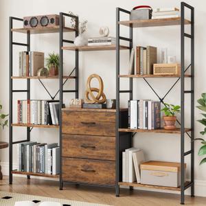 Triple Bookshelf with 3 Fabric Drawers, 4-Tier Book Shelf and 10 Display Shelves, Industrial Large Bookcase for Home & Office, Rustic Brown, 59'' Wide Triple Bookshelf with 3 Fabric Drawers, 4-Tier Book Shelf and 10 Display Shelves, Industrial Large Bookcase for Home & Office, Rustic Brown, 59'' Wide