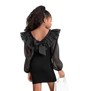 WDIRARA Girl's Mesh Ruffle Trim Layered Tie Back Lantern Sleeve Pencil Mini Dress Black 6Y