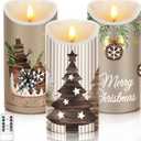 ROCEEI 3 Pcs Christmas Flameless Candles Winter Farmhouse Style Battery Operated LED Candles Christmas Rustic Pillar Flickering Real Wax Decorations for Indoor Table Decor Xmas Gifts Holiday Party