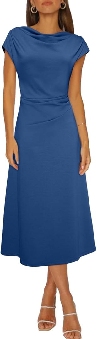 Happy Sailed Women's Spring Summer Short Sleeve Cowl Neck Ruched Waist Flowy A Line Midi Dresses Party Cocktail Dress (Small, Navy Blue)