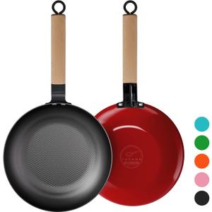 YUTANN Nonstick Frying Pan 12 inch, Ceramic Cast Iron Skillet, Lightweight Pre-seasoned Cast Iron Pan with Detachable Handle, Dishwasher & Oven Safe, Free of PFAS and PFOA (Red-Beech Wood Handle)