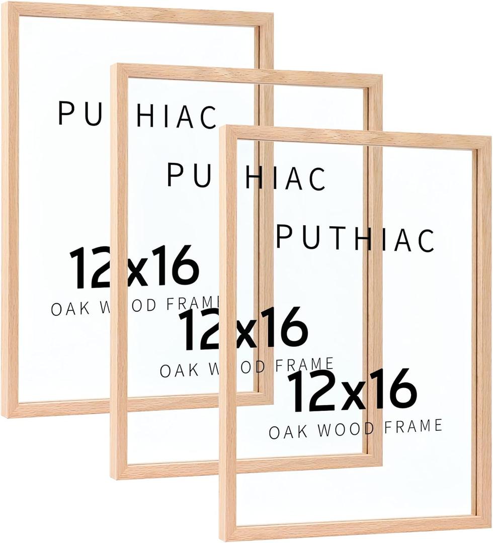 puthiac 12x16 Floating Picture Frames - 12"x16" Oak Wood Picture Frame, Double-Sided Tempered Glass Floating Picture Frames 11x14,9x12,8.5x11,8x10,5x7,4x6 Wood Frame(Set of 3) (Beige)