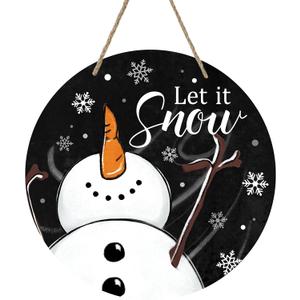 Deroro Winter Snowman Sign for Front Door Decor, Black Let It Snow Welcome Farmhouse Wood Door Hanger for Outdoor Outside Porch, Rustic Christmas Snowflakes Wooden Wreath Wall Hanging Decoration