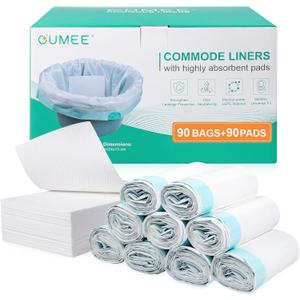OUMEE Commode Liners with Absorbent Pads, 90 Bedside Commode Liners and 90 Pads for Commode Bucket, Disposable Commode Bags for Adults, Portable Leak-Proof Potty Chair Liners (1 Count (Pack of 180))