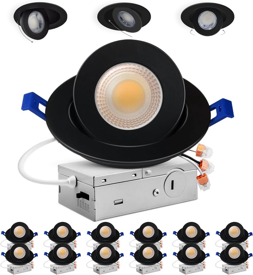 Adetu 4 inch 5CCT Gimbal Black Led Recessed Lights, 360+90 Adjustable Directional Recessed Lighting, 2700K-5000K Dimmable Retrofit Eyeball Can Lights with Jbox, ETL&Energy Star (Black,12 Pack)