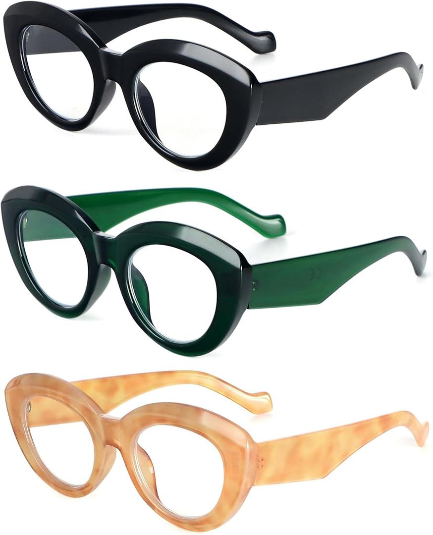 MMOWW Oversized Cat Eye Reading Glasses for Women 3 Pairs Thick Frame Blue Light Blocking Glasses Stylish Computer Readers (Black/Green/Amber),+2.0